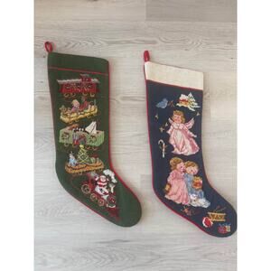 VTG Steinwinder Christmas Stockings Child Angels Toy Train Needlepoint Wool